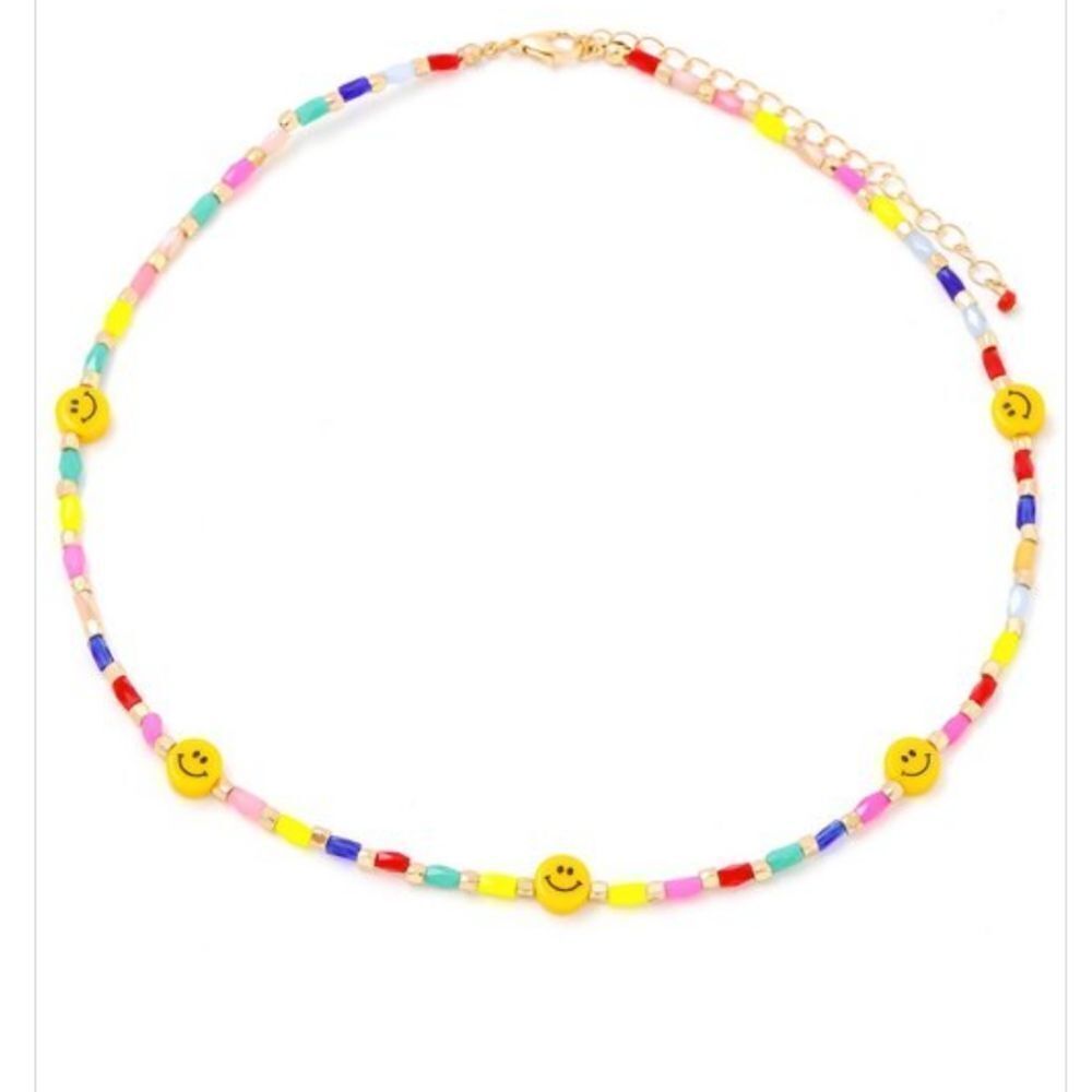 Colorful Beaded Smiley Face Necklace Y2K Rainbow Choker Adjustable